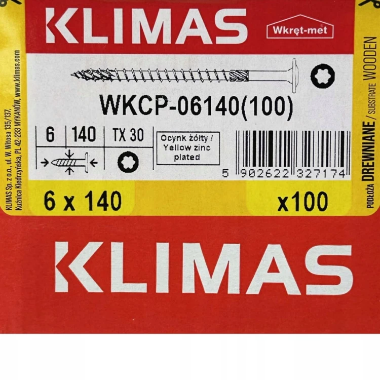 WKRĘTY CIESIELSKIE TALERZOWE DO DREWNA KLIMAS WKCP 6x140 ŁEB TORX 100 SZT