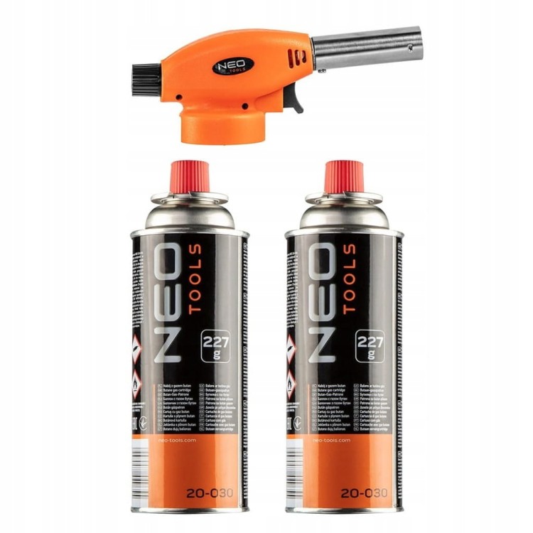 NEO 20-040 Palnik gazowy nakręcany + 2 naboje z gazem butan, 227g