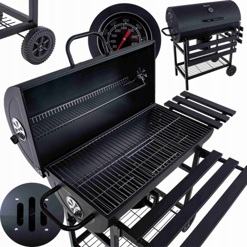 GRILL WĘGLOWY OGRODOWY BECZKA Z POKRYWĄ POPIELNIK TERMOMETR 71 X 35 CM