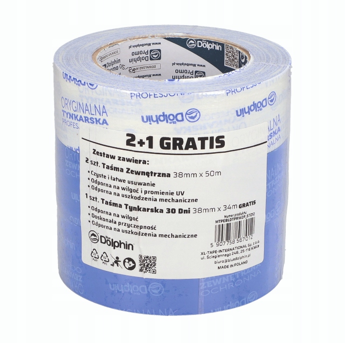Taśma zewnętrzna 2x38mm x 50m + 1x38mmx34m tynkarska 30 dni BLUE DOLPHIN