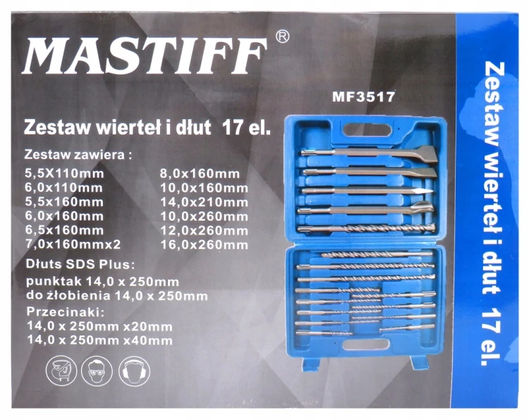 ZESTAW WIERTEŁ I DŁUT DO BETONU SDS+ WALIZKA 17 ELEMENTÓW MASTIFF MF3517