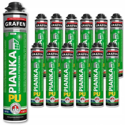 12x Piana montażowa Grafen 625 g całoroczna + Pistolet do piany i pianokleju