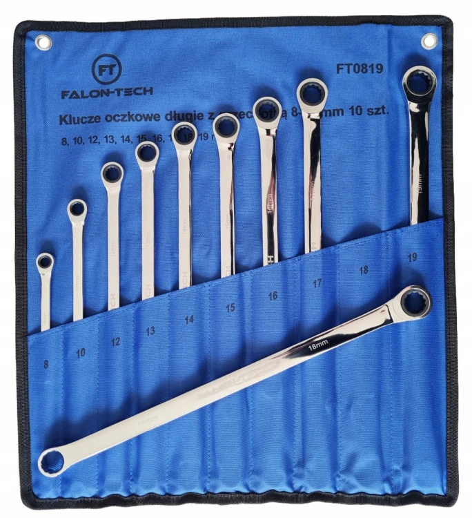 FALON-TECH KLUCZE OCZKOWE DŁUGIE Z GRZECHOTKĄ 8-19mm ZESTAW 10 SZT. FT0819