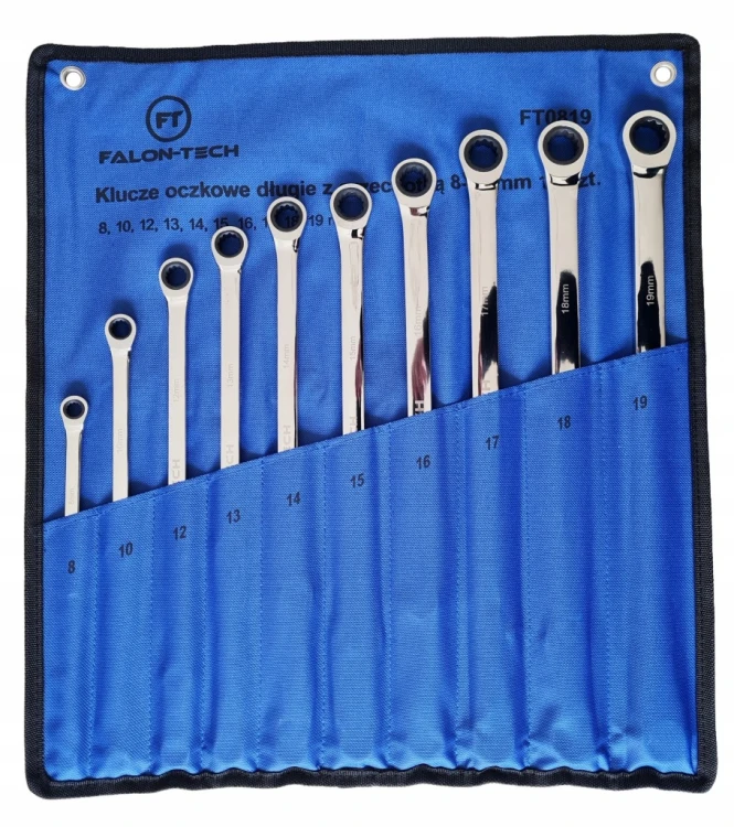 FALON-TECH KLUCZE OCZKOWE DŁUGIE Z GRZECHOTKĄ 8-19mm ZESTAW 10 SZT. FT0819